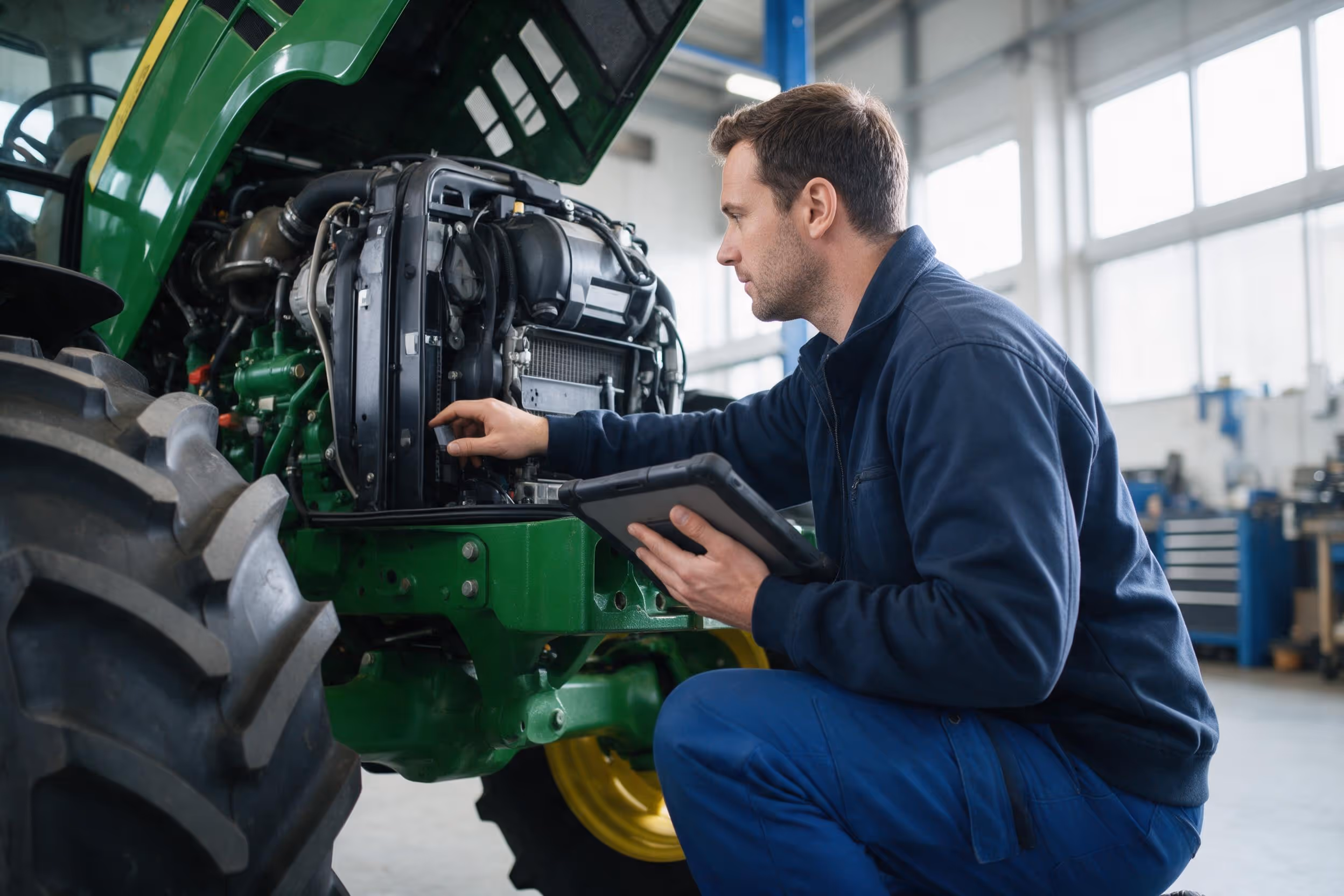 Technik kontroluje motor zemědělského traktoru v servisní dílně, v ruce drží tablet