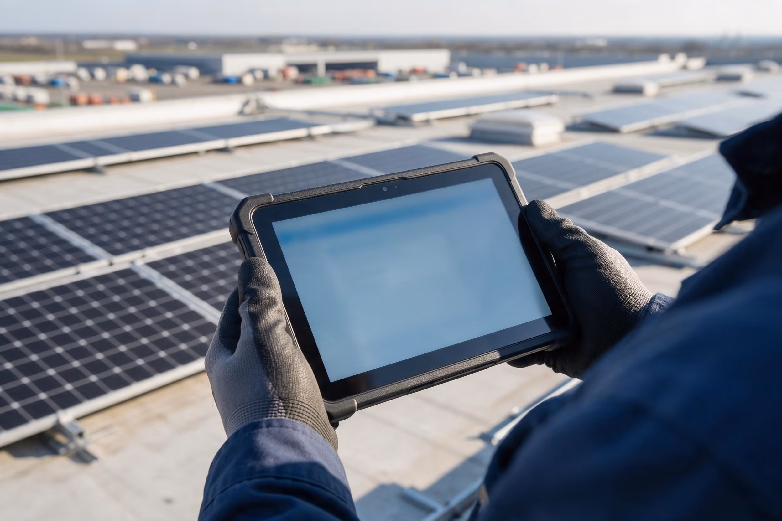 Ruce montéra s tabletem na ploché střeše průmyslové haly, v pozadí řady fotovoltaických panelů
